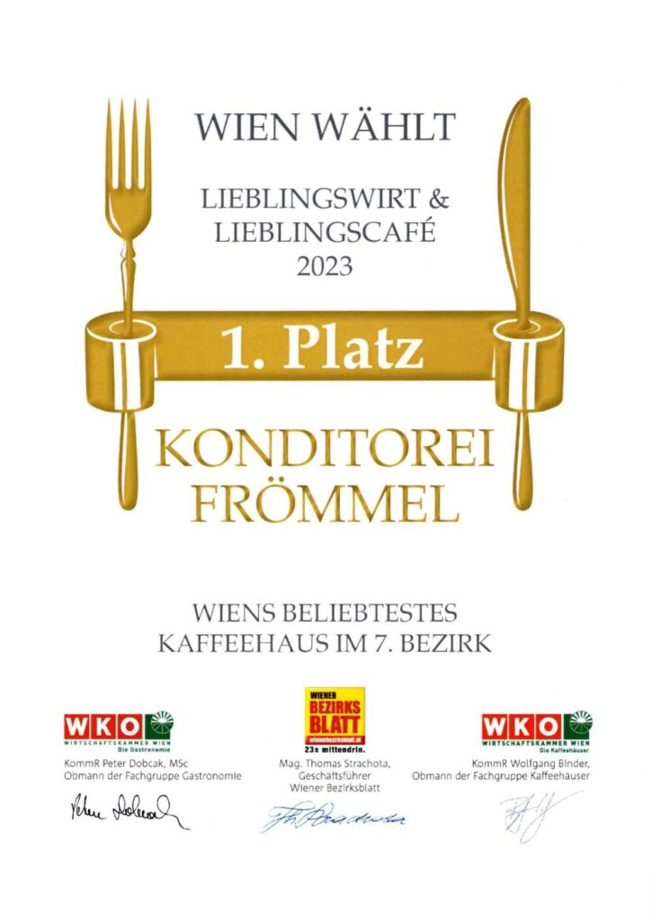 Beim Voting des Wiener Bezirksblattes 2023 erhielt die froemmel's conditorei café catering Platz 1 im 7. Bezirk.